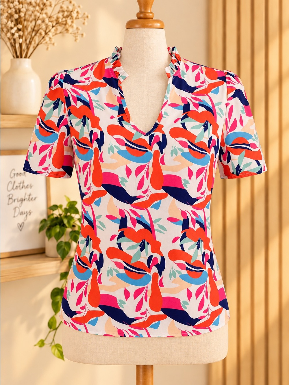 SHEIN Multicolor Abstract V-Neck Short Sleeve Blouse